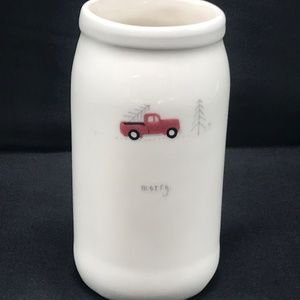 Ceramic Vase or Pitcher "Merry" Truck with Pine Tree Christmas Theme